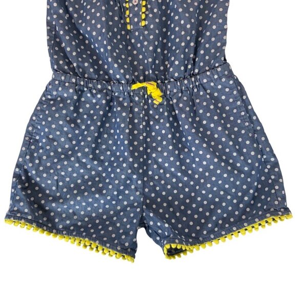 Mini Boden Polka Dot Girls Romper 4-5Y Blue Yellow Pom Pom Trim Spring Summer - Picture 4 of 7